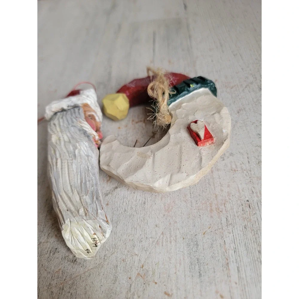 Rustic vintage Santa Claus wooden Moon crescent ornament Xmas set